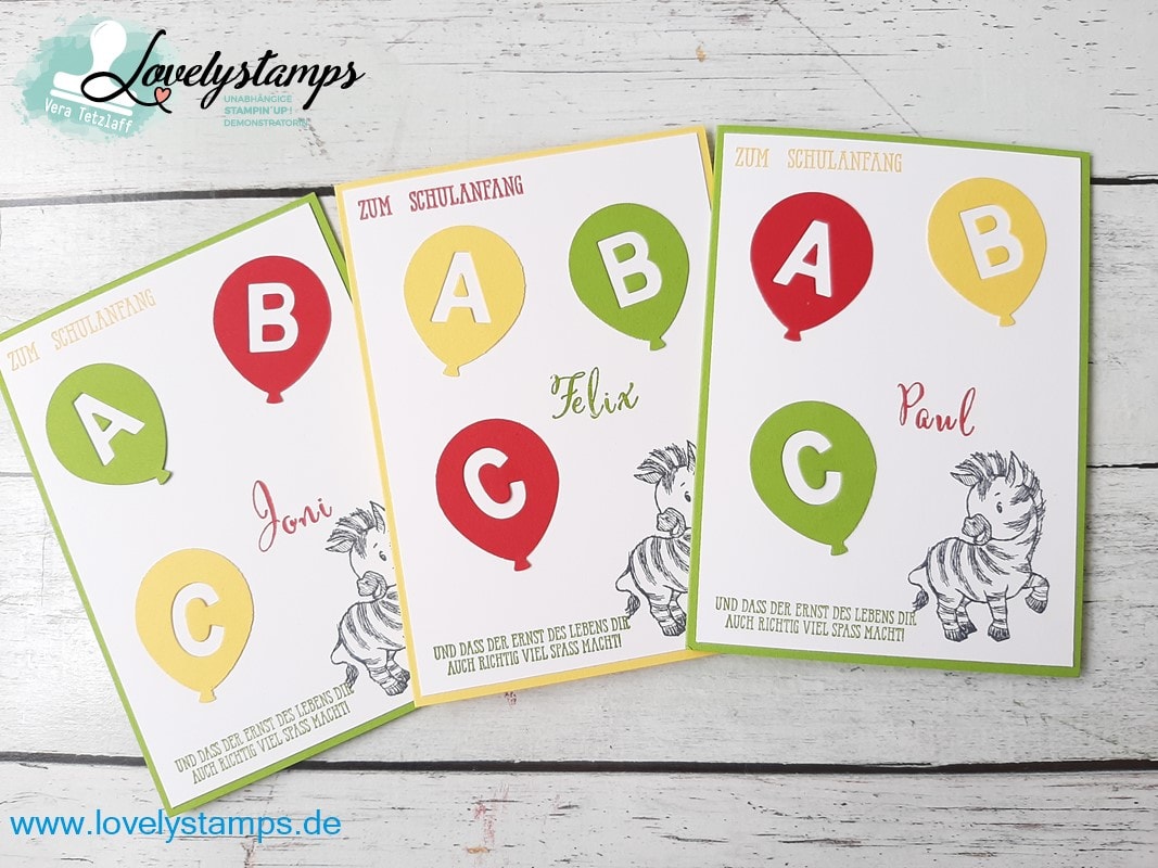 Karte mit Zebra und Luftballons zur Einschulung
