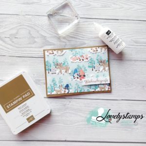 Weihnachtskarte mit Plusterschnee und Stempelkissen und Stempelblock