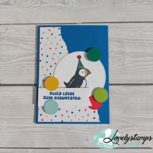 Geburtstagskarte blau mit Papageientaucher