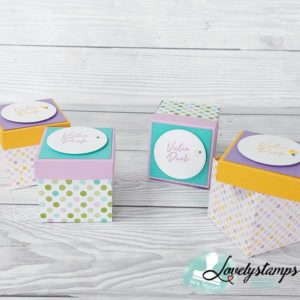 Kleine viereckige Boxen mit punkte Papier und Stempelspruch Vielen Dank