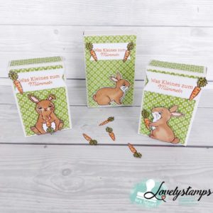 3 Verpackungen in grün mit Osterhasen und Möhren mit Möhren als Streudeko