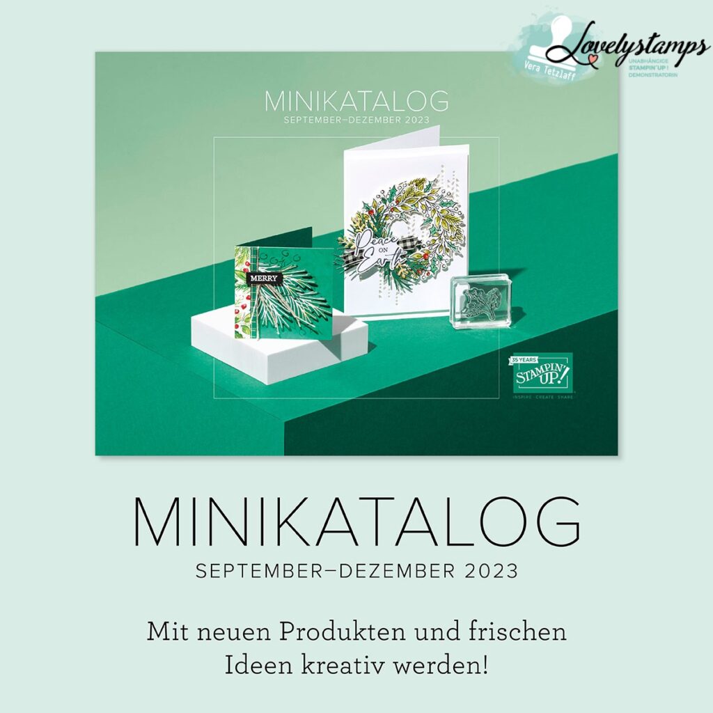 Cover des neuen Minikataloges mit 2 Weihnachtskarten und grünem Hintergrund
