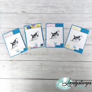 selbstgebastelte Karten mit einem Orca drauf mit dem Spruch "Danke"