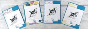 selbstgebastelte Karten mit einem Orca drauf mit dem Spruch "Danke"